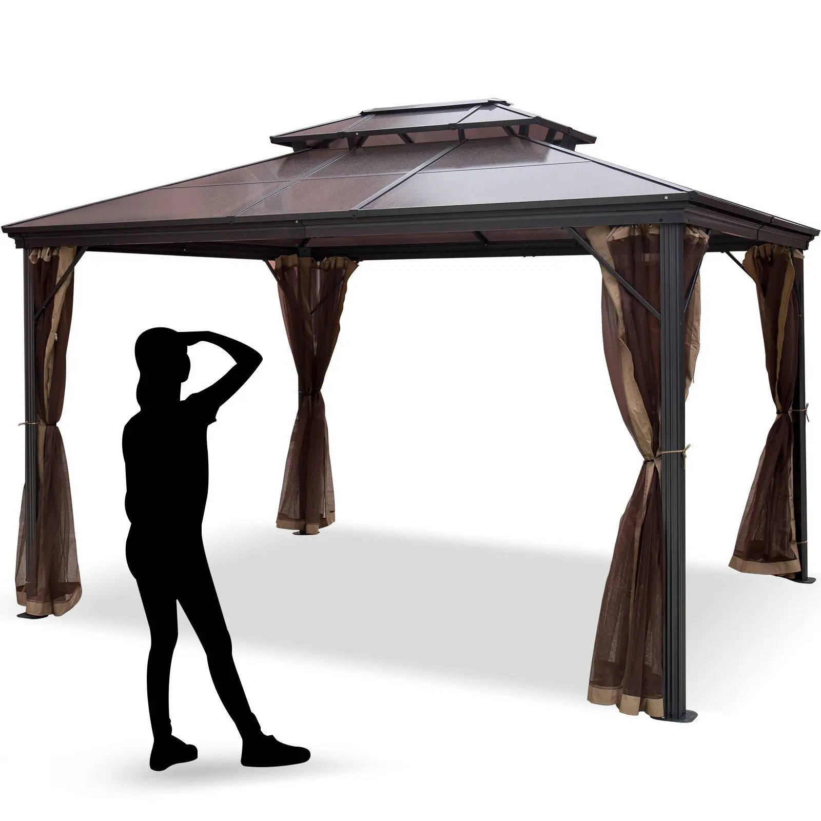 Hardtop Gazebo 10' x 10' with Netting - Metal Gazebo Aluminum Permanent Double Tier Roof- Gazebos for Patios, Backyard