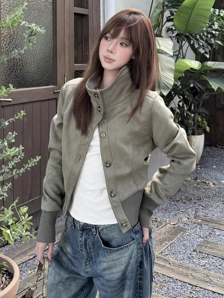 American Vintage High Street Outwear Casual Long Sleeve Slim Button Pure Color Striped Fashion High Neck Coat Woman 2025 Autumn