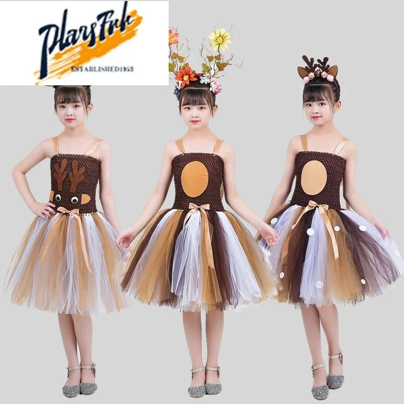زي الهالوين للأطفال Cisas Deer Elf Outfit أداء الرقص S Claus Suit Fem Kids Animal Dr up