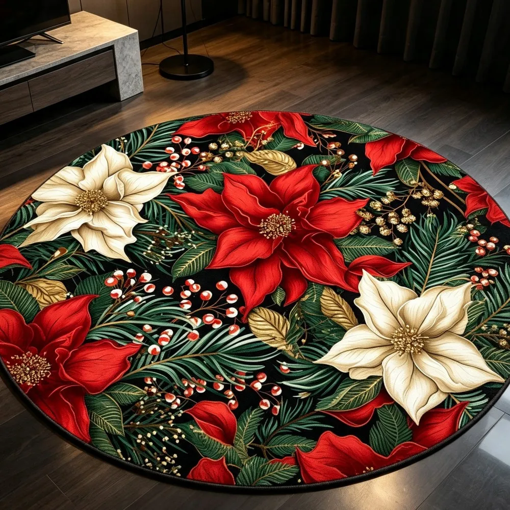 Christmas Round Area Rug Red White Poinsettia Floral Holiday Green Leaf Floor Mat Carpet for Living Room Bedroom Decor
