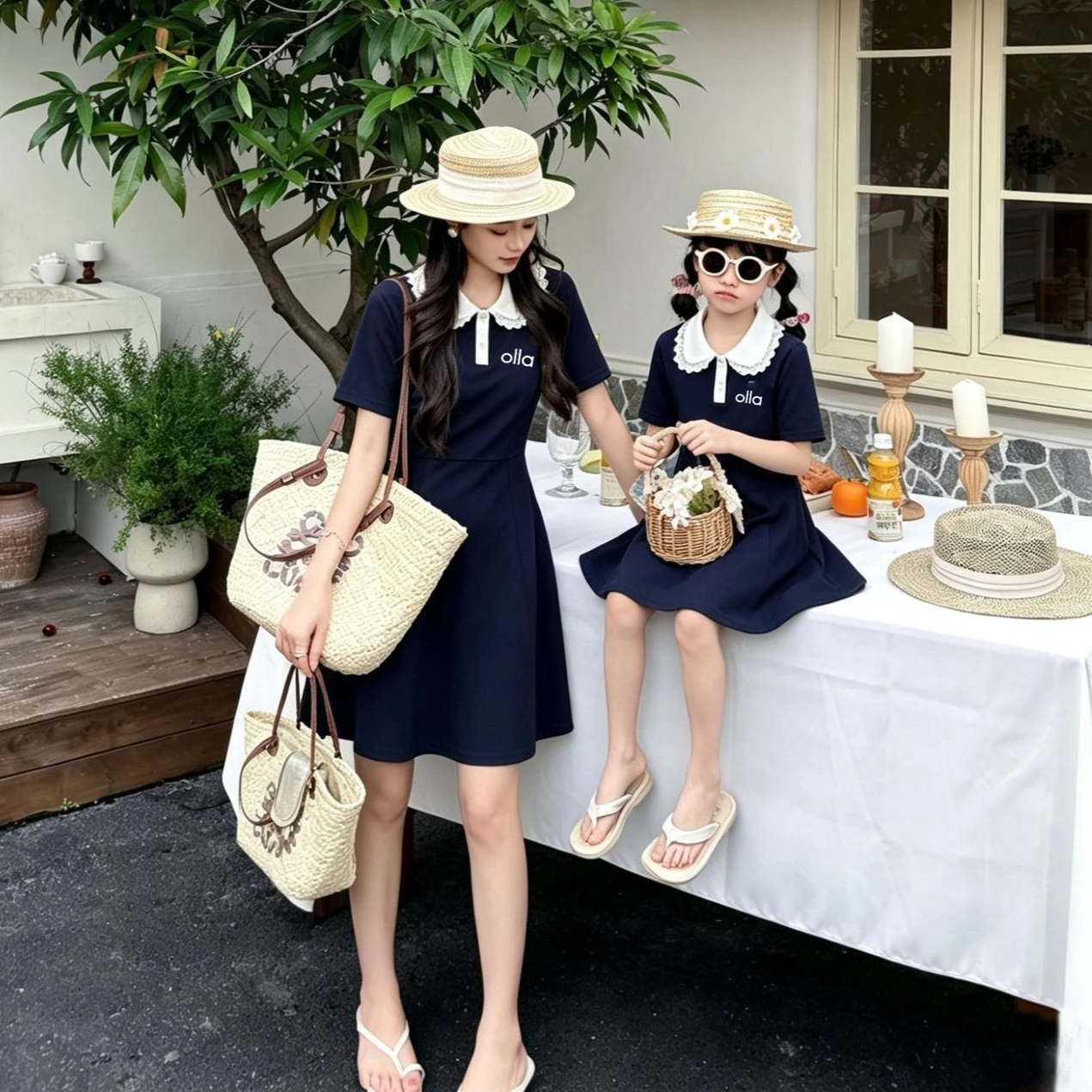 

2026 Summer Family Matching Outfits Preppy Style Polo Mommy and Me Dress Dad & Kid Shirts Lace Collar Casual Tops