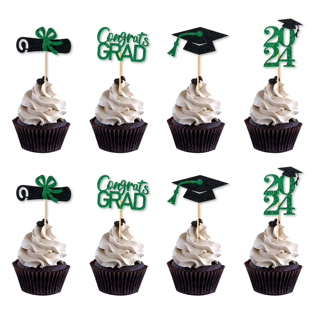 12Pcs Graduation Party Cupcake Decoration Class of 2024 Gold Glitter cake Toppers Bachelor Cap Cake Decor Graduation Party Decor