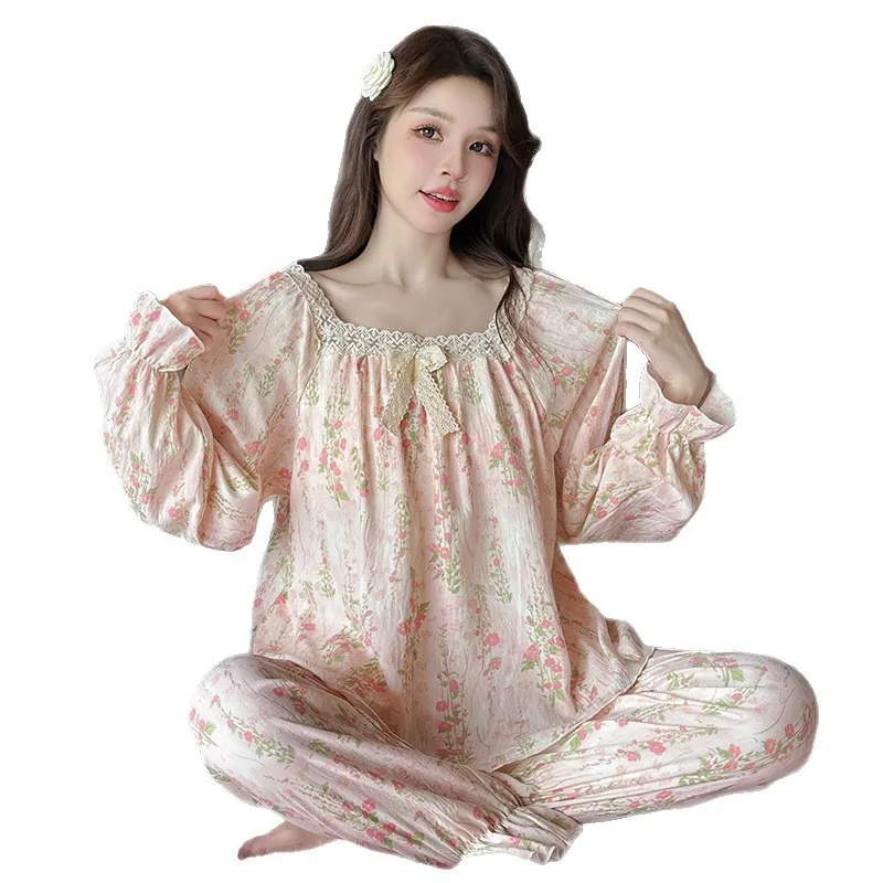 New Spring Autumn Women Loungewear Lace Trim Pajamas Girl Ladies Long Sleeve Set with Chest Pad Soft Comfortable Homewear Woman