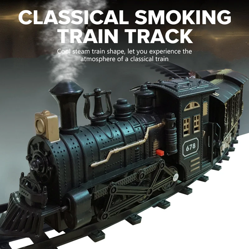 Model Train Track Set Kids Toy Spray Classical Steam Train with Sound Locomotive Electric Train Kit Retro Model Children Gift