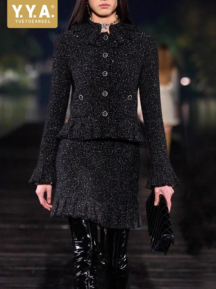 Autumn New Single Breasted Women Tweed Jacket Sets Ruffles Collar Coat Outfits Above Knee Length Ruffle Edge Skirt Matching Set