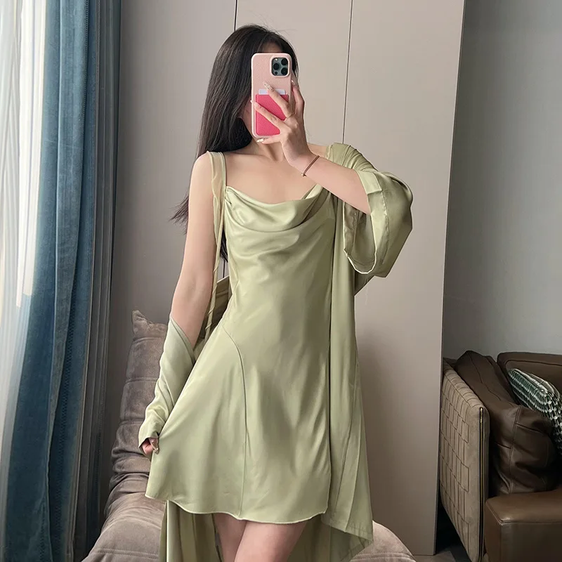 Fairy Tassels Sling Nightgown Women Elegant Homedress 2Pcs Nighty&robe Suit Soft Ice Silk Sleepwear Solid Color Bathrobe Suit