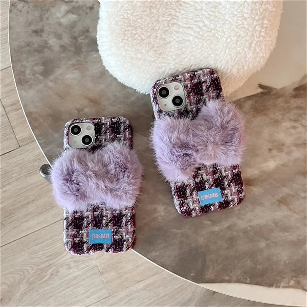 Korea Ins Cartoon 3D Purple fur balls Phone Case For iPhone 18 Pro 14 15 16 17 Pro Max Cover Shockproof Cute Plush Cases 18 Pro