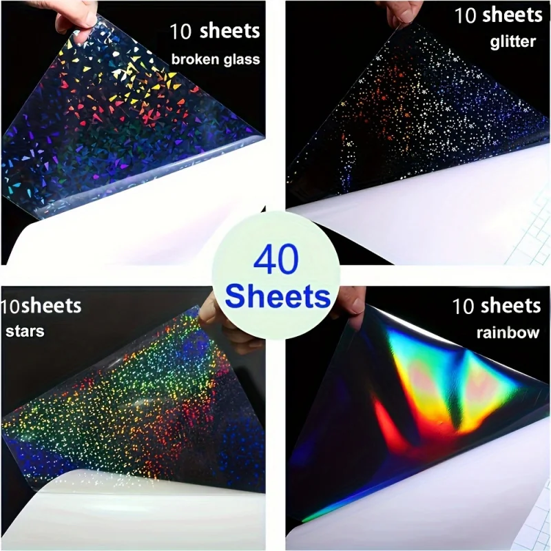 A4 40 Sheets Self Adhesive Cold Laminating Sheets Film with 4 Styles Mixed Holographic Vinyl Sticker