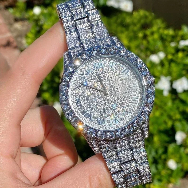 Reloj de diamantes brillantes de lujo para mujer, relojes de diamantes de acero completo, relojes de pulsera de cuarzo de cristal ostentoso ajustables, regalos de reloj