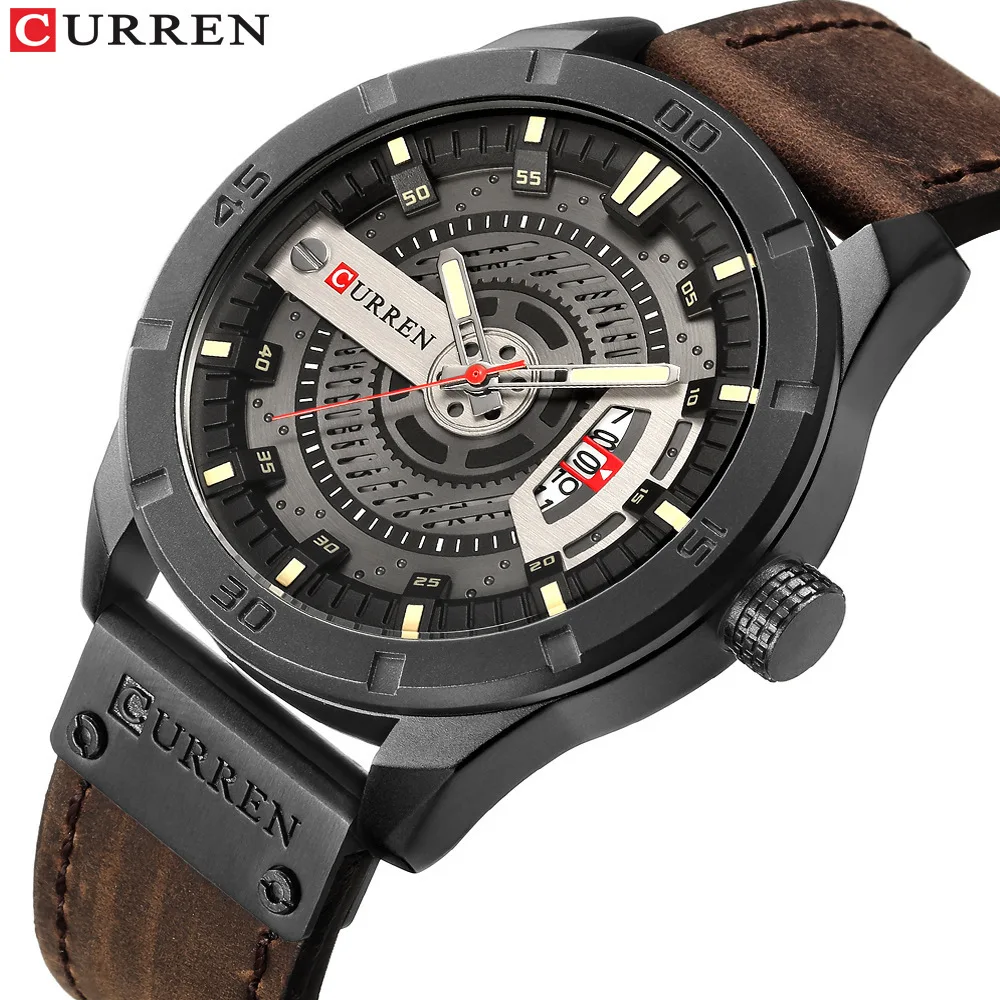 

2023 New Fashion Curren Top Brand Genuine Leather Men's Business Quartz Calendar Wrist Watches