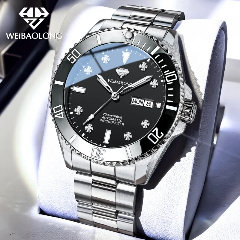 WEIBAOLONG Automatic Mechanical Watch for Men Day Date Luminous Hands 200m Water Resistant Steel Bracelet Rotating Bezel