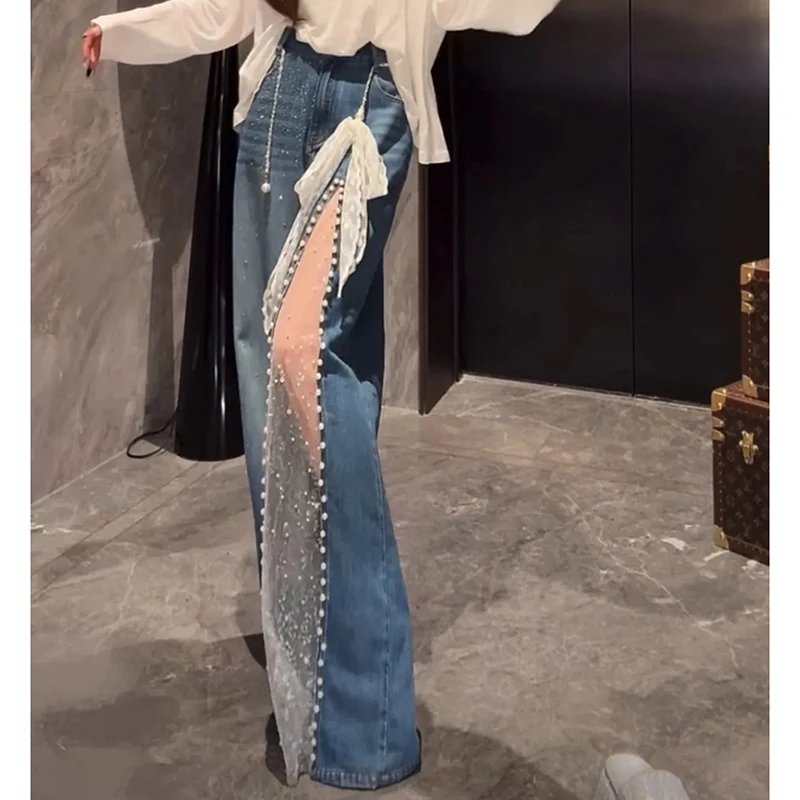 Lace Patchwork Jeans Women Korean Side Slit Sexy Denim Pants Sheer Elegant Sweet High Waisted Straight Fashion Wide Leg Pants