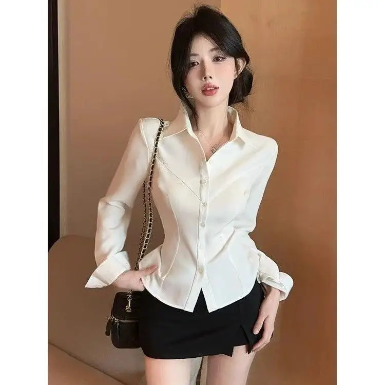 

Slim Fit Collar Long Sleeve Shirt Waist Cinching Pure Desire Top Versatile Elegant Lady Style City Walk Suitable Women's...