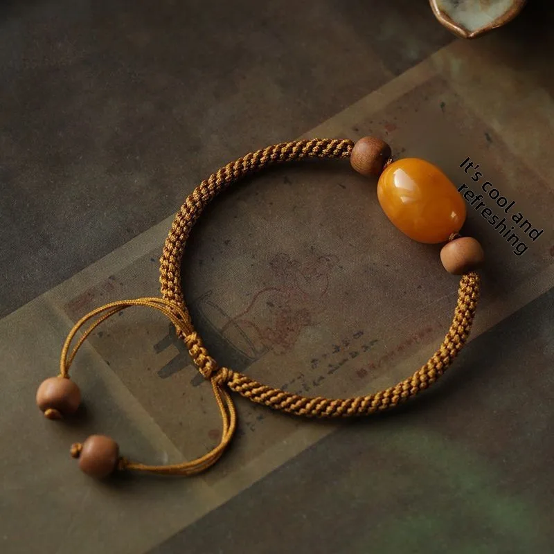 Chinese Style Lucky Blessing Vintage Natural Old Amber Beeswax Sandalwood Beaded Braided Rope Bracelet Wealth Fortune Attracting