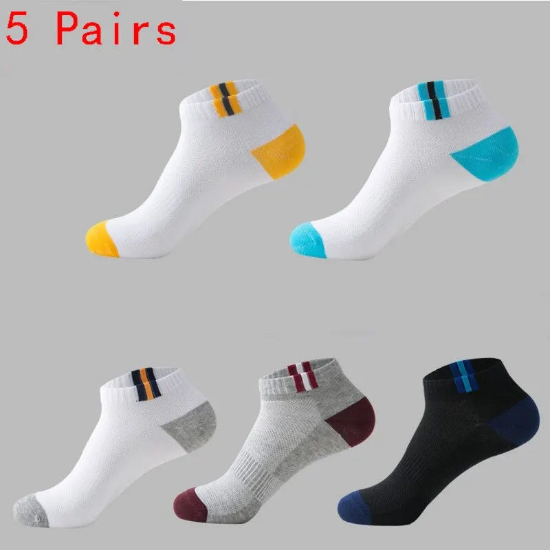 5 Pairs Mens White Bottom Colorful Ring Short Socks With Mesh Breathable and Sweat Wicking Low Tube Boat Socks