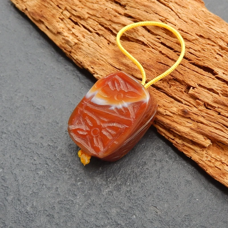 العقيق الأحمر الطبيعي قلادة مستطيلة منحوتة البرتقال الأحمر النطاقات الأحجار الكريمة مع نمط محفور لصنع المجوهرات 22x15x8mm-5.2g #5