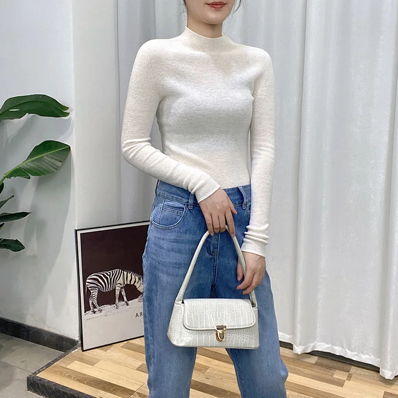

2025 Spring & Autumn New Arrival Women's Shima Seiki Slim - Fit Semi - High Neck Pure Wool Base Layer Thin & First Line Garment