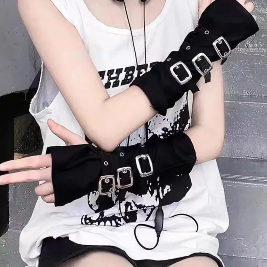 حزام ذراع أبي الأسود الدوبامين المألوف، قفازات نسائية مكشوفة نصف إصبع مع أبازيم معدنية، اتجاه فاسق داكن