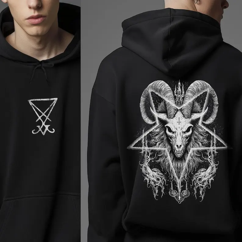 

Толстовка с капюшоном, черная металлическая толстовка, тяжелый металлический джемпер спереди и сзади, подарок с принтом, готический подарок на день рождения, Люцифер, сигнал, оккультный пот