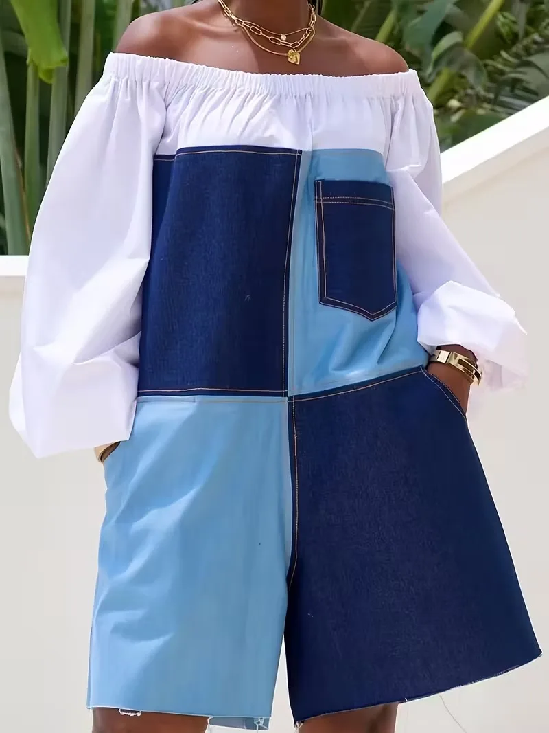 بذلة نسائية فضفاضة للعطلات باللون الأزرق كاجوال ملونة مكشوفة الكتف وأكمام طويلة وجيب