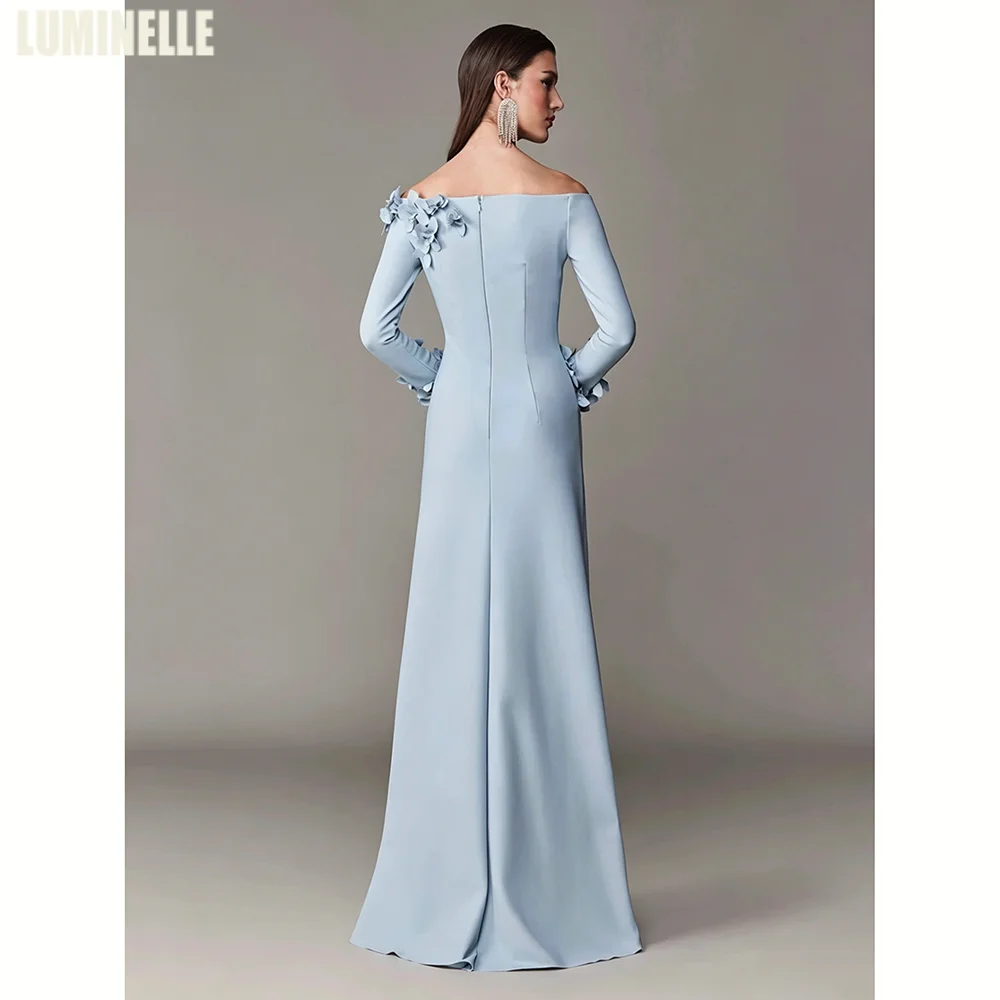 Light Blue Evening Dress Customized Boat Neck Long Sleeves Flowers Straight Formal Occasion Dresses Saudi Arab Prom Gown