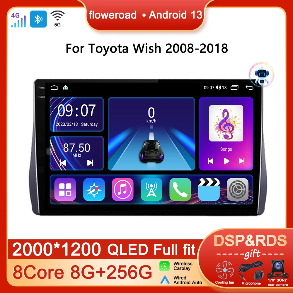 

Автомагнитола QLED Android для Toyota Wish 2008-2018, мультимедийный проигрыватель с видеоплеером, GPS-навигацией, автомагнитола Carplay 2 din, 4G, Wi-Fi