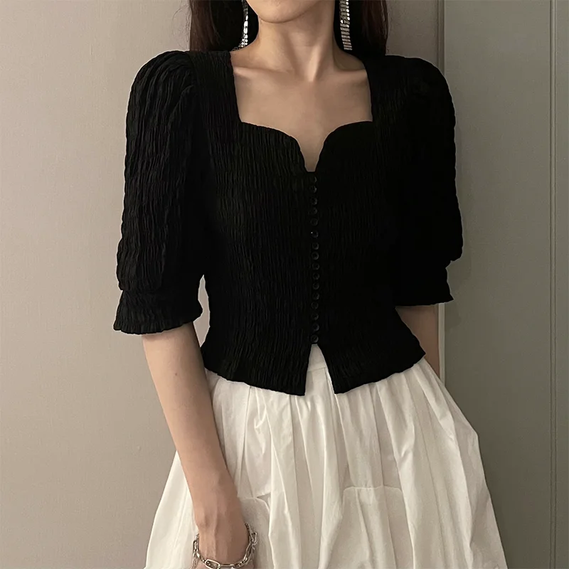 

Elegant V-Neck Button Slim Shirt Vintage Summer Short Sleeve Fashion Folds All-match Female Clothing Solid Color Casual Blouse