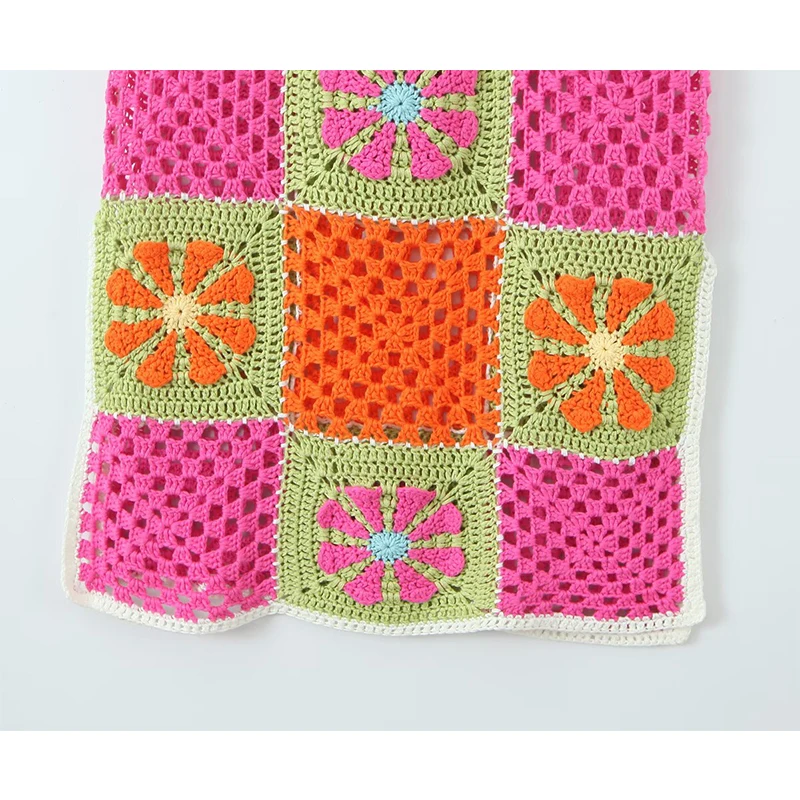 YENKYE 민족 Boho 수제 니트 격자 무늬 섹시한 슬링 드레스 여성 O 넥 슬릿 밑단 해변 휴가 여름 드레스 미디 가운