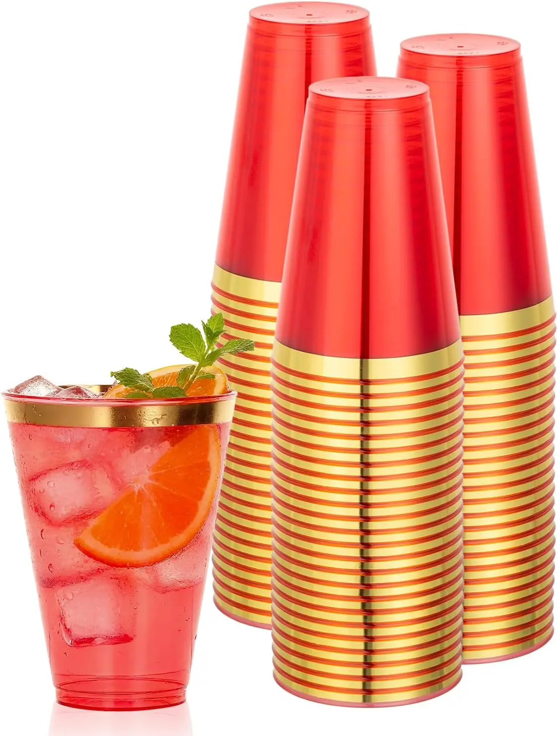 

50PCS 14oz Red and Gold Plastic Cups for Party, Disposable Gold Rim Cups, Plastic Cocktail Glasses for Wedding Thanksgiv