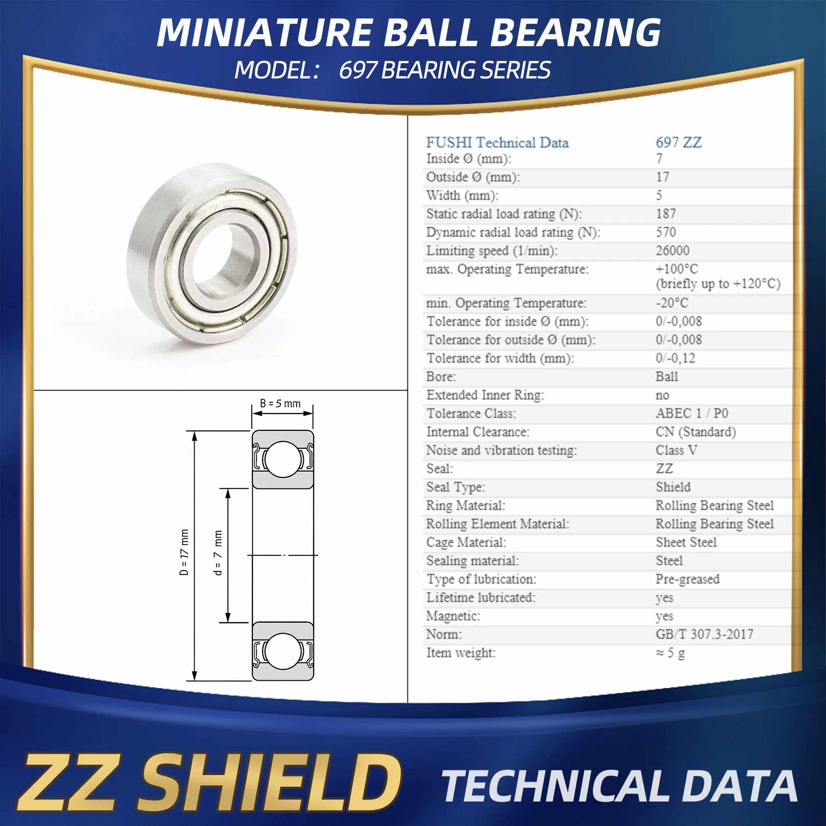 FUSHI 697 ZZ Bearing 7x17x5 mm 10Pcs 697ZZ RS 2RS Flange Handpiece Bearings For Strong Industrial Motors High Speed