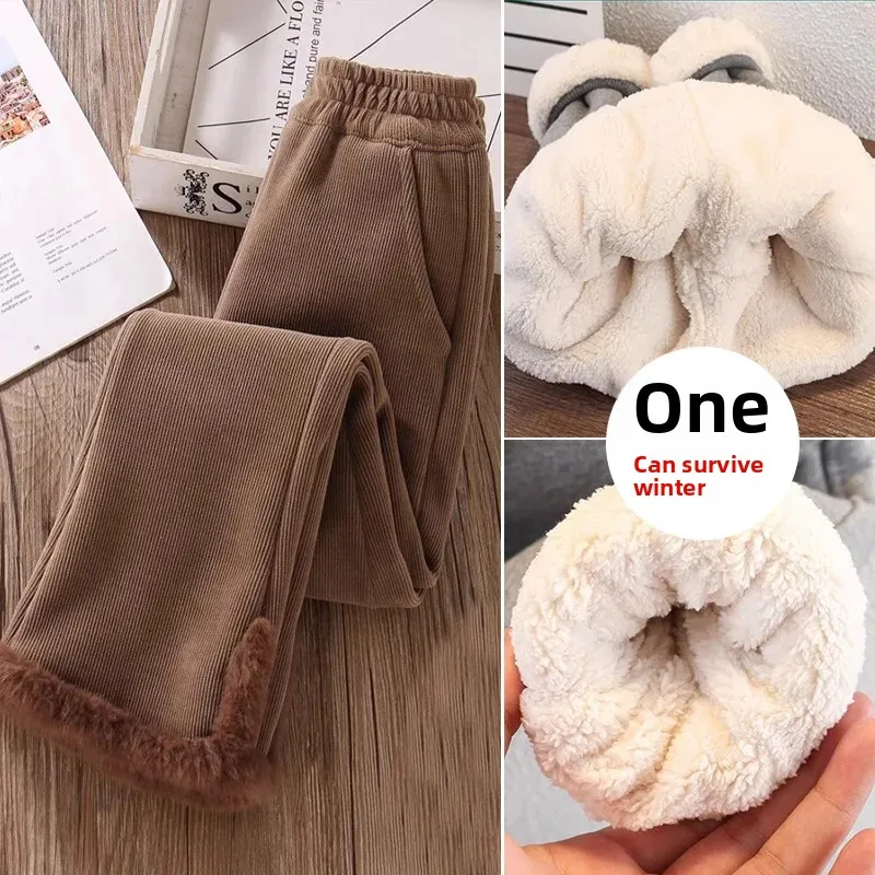 Thickened Fleece Lined Corduroy High Waist Winter Trousers for Girls Super Warm Bootcut Pants Children's Fashionable Long Pants