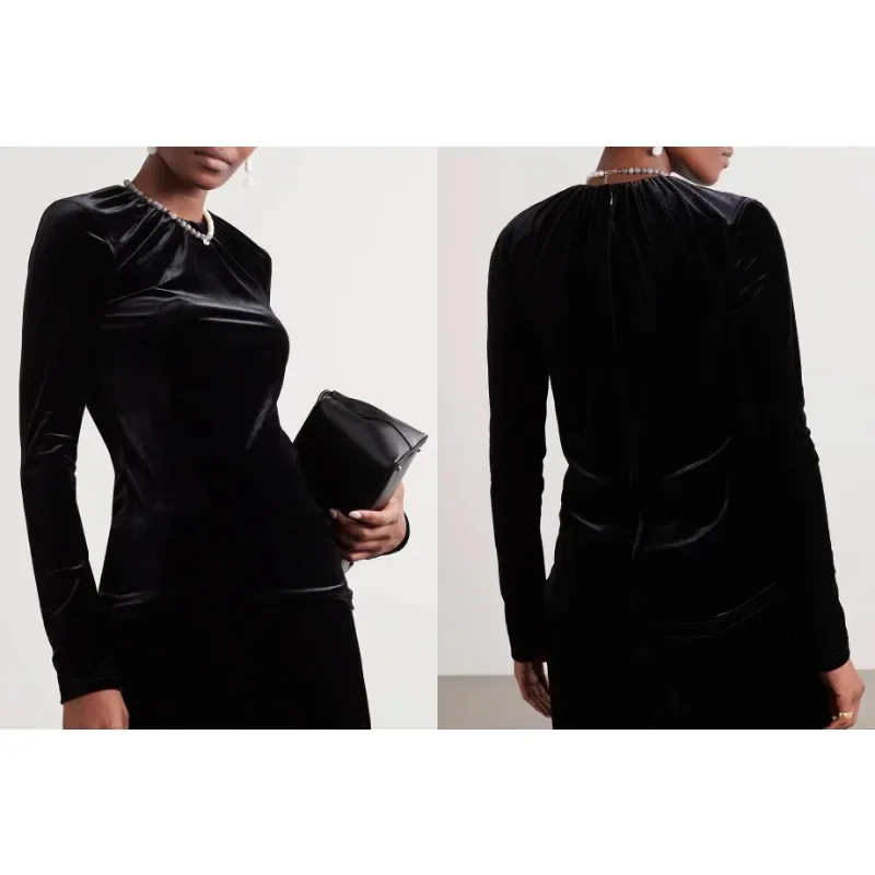 LUXURY Women's Black Velet Blouse Top Long Sleeve Slim Fit Pleated O-Neck Ladies Bottoming Pullover Shirt Back with Zipper 2025