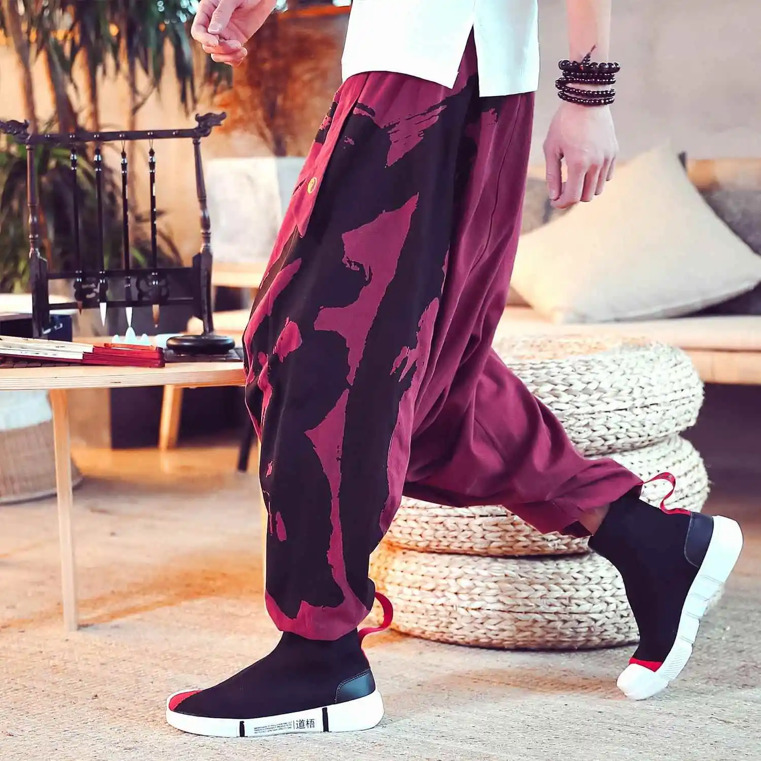 

Men's Medium Cotton Linen Printed Crop Pants Loose Fit Casual Trousers Floral Pattern Waist Corduroy Youth Daily Wear