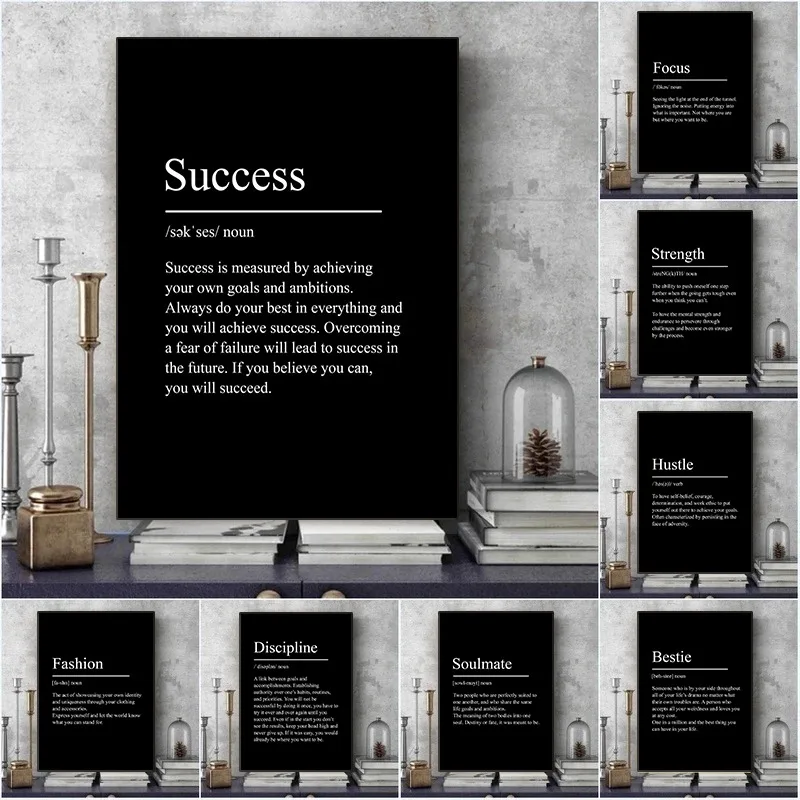 1PC Minimalist Text Inspirational Black Poster Success Focus Discipline Patience Definition Canvas Painting for Room Home Wal