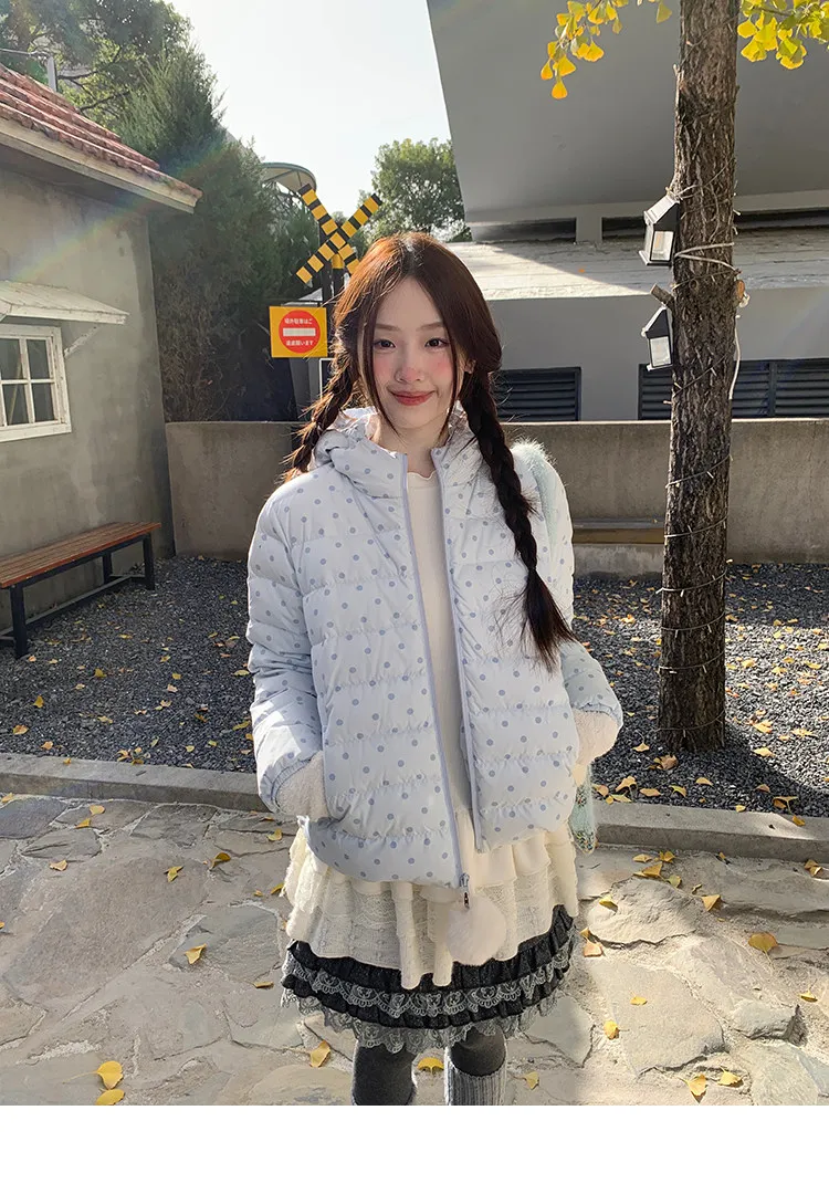Korean Cropped Polka Dot Hooded Cotton-padded Jacket Women Zip Up Casual Winter Warm Outerwear Woman Sweet Cute Puffer Jackets
