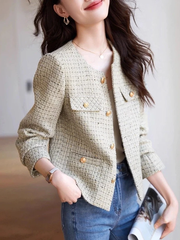 

Модная женская зеленая винтажная короткая куртка весна-осень модный приталенный дизайн в благородном стиле