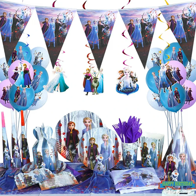 Disney Frozen 2 Cartoon Theme Elsa and Anna Disposable Decor Balloons Paper Plates Cups Banner Kids Birthday Baby Shower Supplie