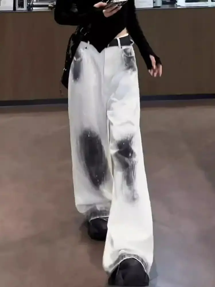 Y2K White Jeans Women Blurred Graffiti American Style Spring Autumn Loose Straight Leg Pants