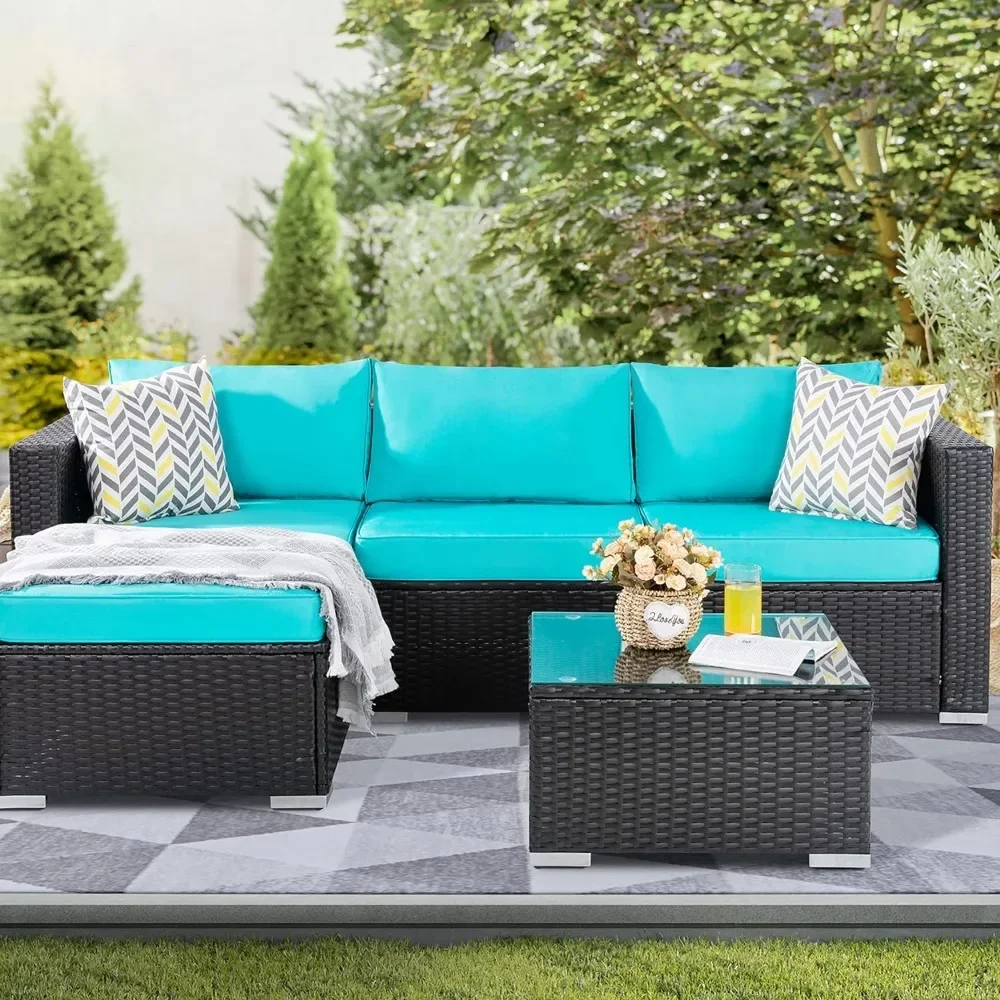 Outdoor Wicker Patio Sofa Set, Black All-Weather Rattan Small Sectional Patio Set and Chaise Lounge w/ Glass Coffee Table