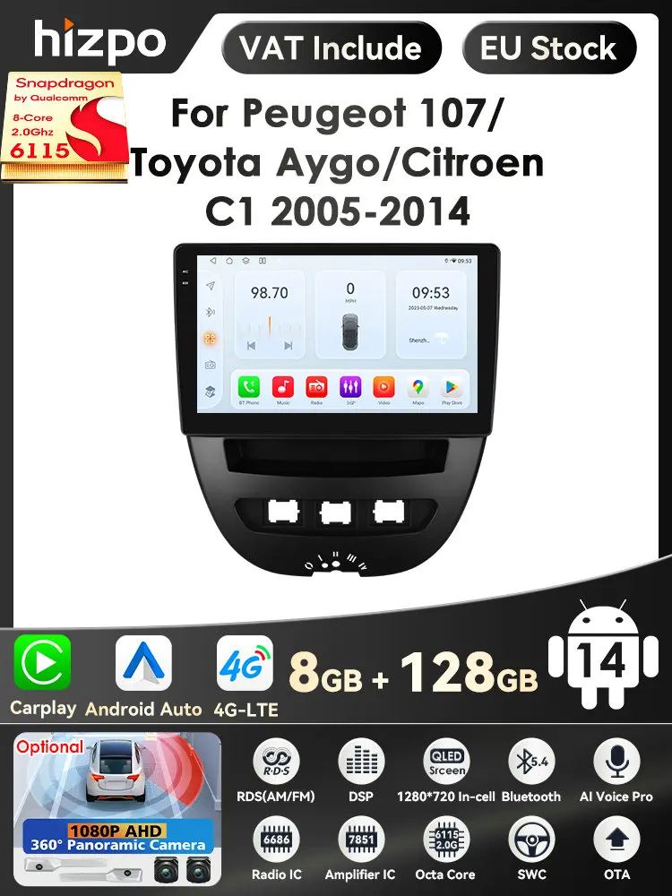 Intelligent Scherm 2din Android Autoradio Multimedia Videospeler Voor Peugeot 107 Toyota Aygo Citroen C1 Gps Carplay Auto 4G Rds - afbeelding 2