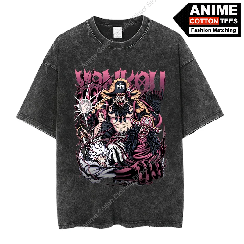 Four Emperors Teach Luffy  Shanks Buggy T Shirt Anime Print Tops Y2k Casual Unisex Oversized Tees Cotton Washed Vintage T-shirt