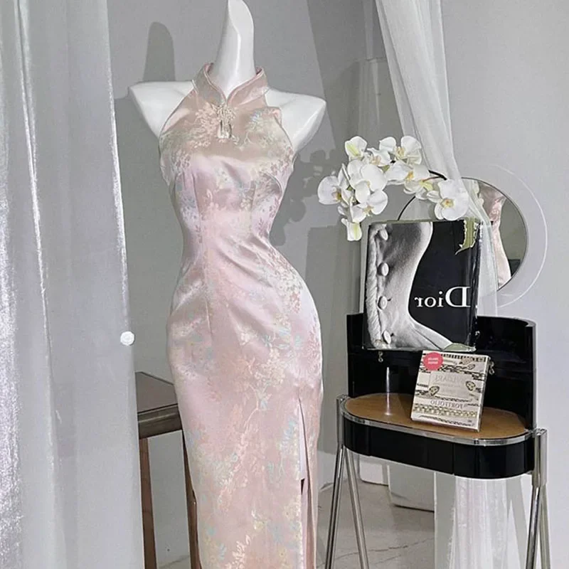 

Retro Cheongsam Slit Sexy Chinese Style Pink Qipao Dress Female Elegant Daily Dresses Costume
