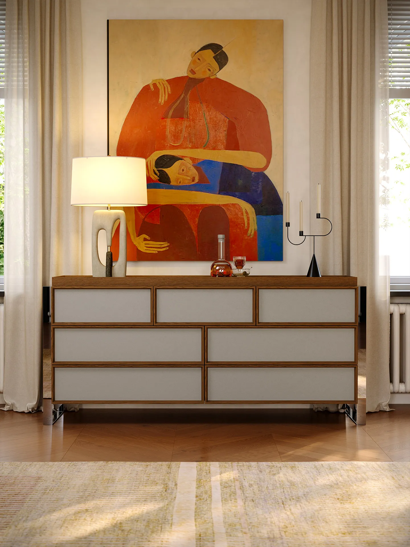 PYH white chest cabinet, light luxury living room TV cabinet, antique simple solid wood storage chest cabinet