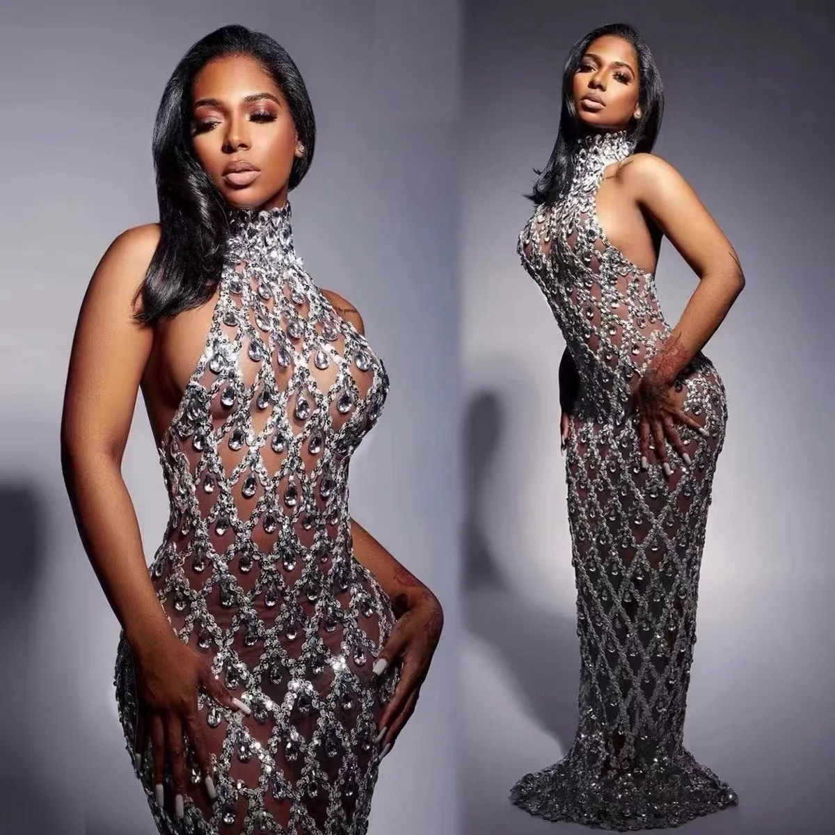 

Silver Stones dress Mermaid Bodycon Halter Sleeveless Ballroom Evening Festival Clothing Rhinstone Prom Special Ocassion Show