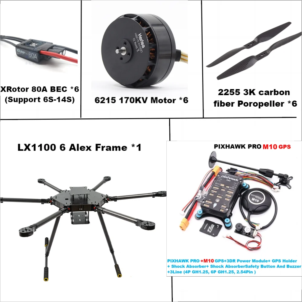 LX1100 PRO M10 Full Carbon Fiber 1100mm Hexa-Rotor Frame X-Roter 80A ESC PX4 Pixhawk Flight Control Set 6215 Motor