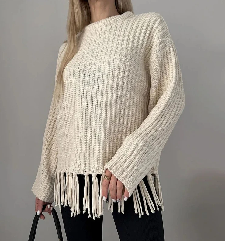 

Популярный модный женский вязаный однотонный свитер большого размера с кисточками, свободный повседневный топ для похудения, осень/зима, новые товары