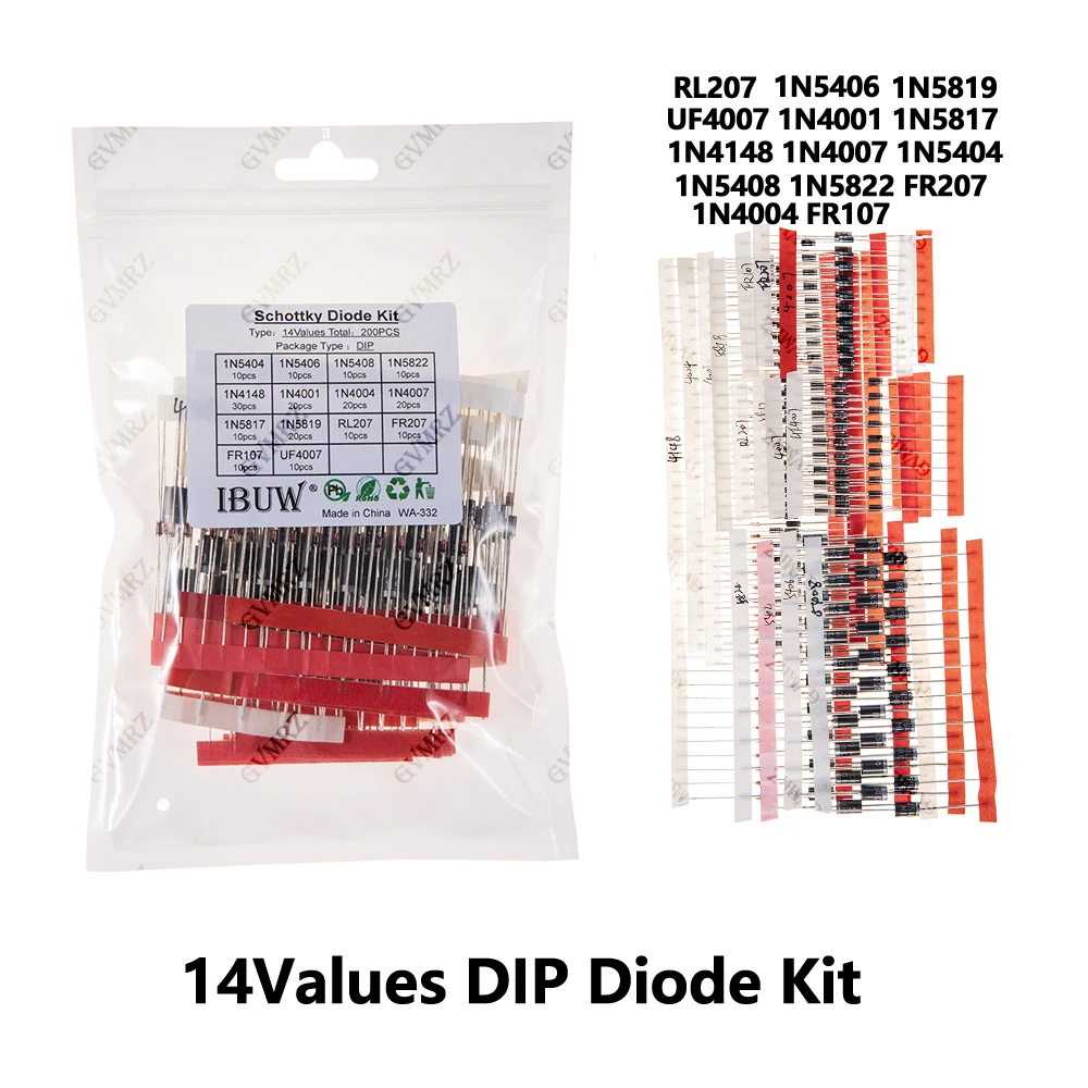 200PCS 14Values DIP Diode Kit 1N4148 1N4007 1N5404 for Electronics Projects 1N5817 1N5406 1N4001 1N5819 1N5408 1N4004 1N4004