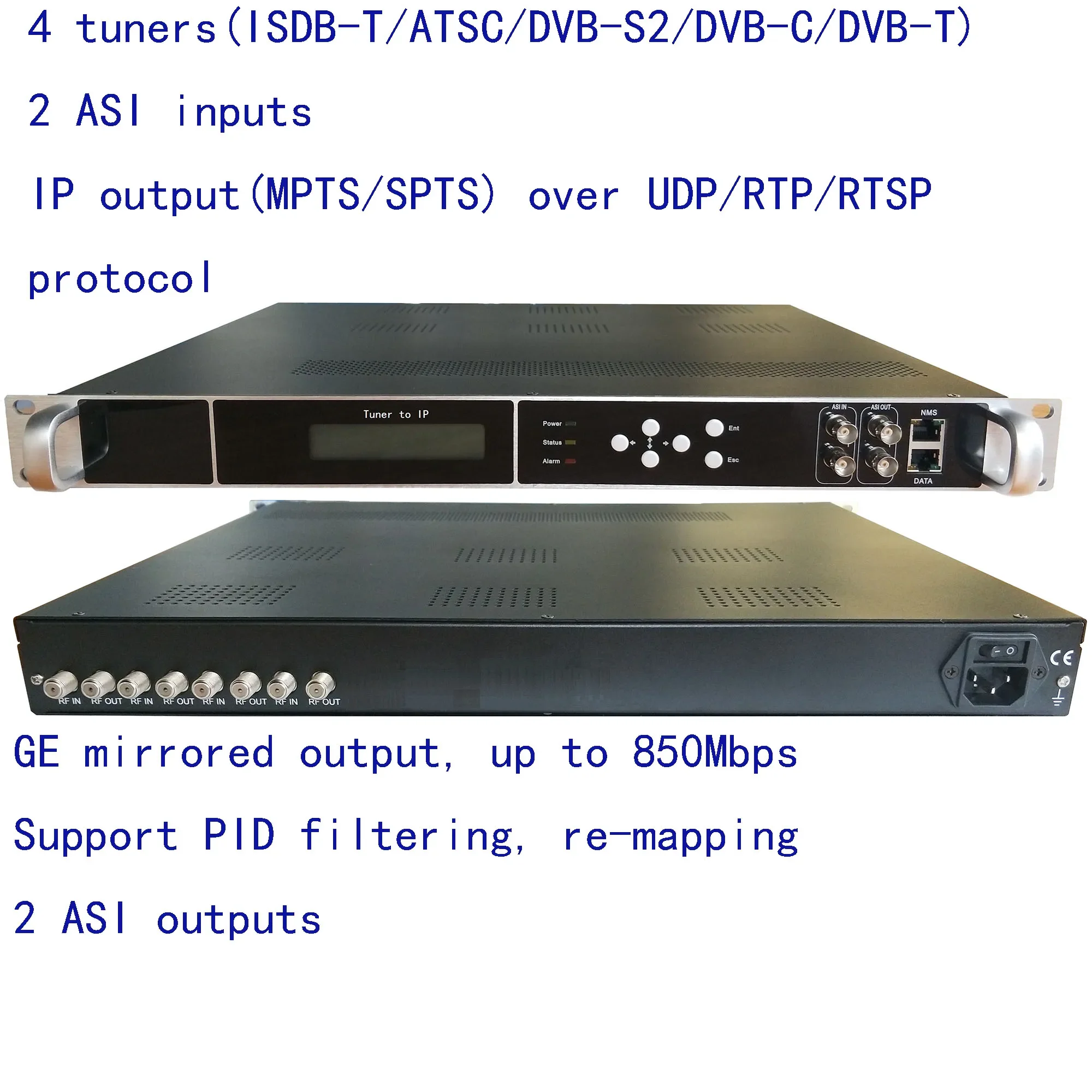 

4 tuner to IP/ASI encoder,1080P Multi-Channel encoder,dvb-s2 input and IP/ASI output,atsc input and IP/ASI output encoder