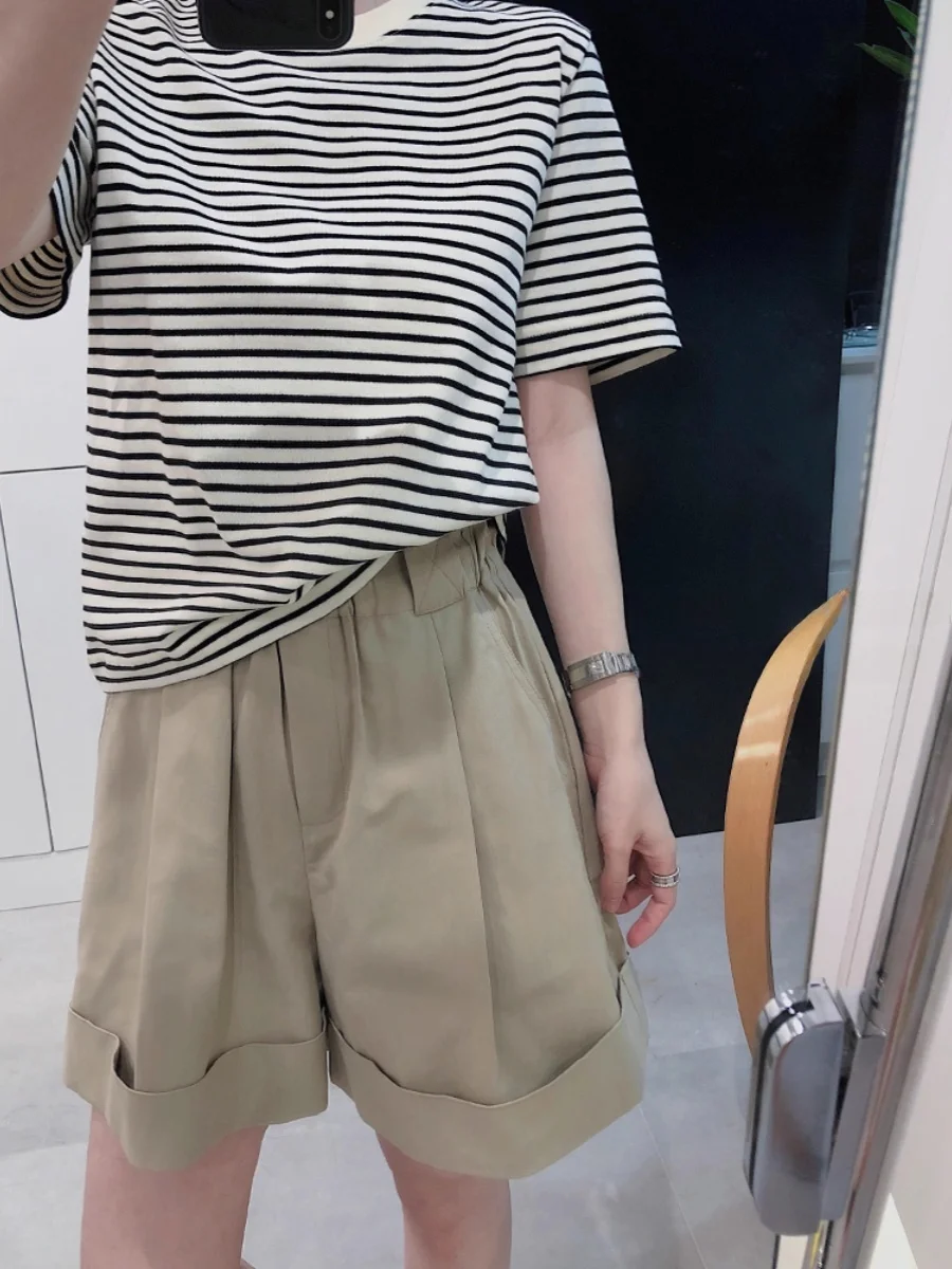 Cachi a vita alta Elastico Bloom Casual orts Donna Estate di grandi dimensioni Allentato Versatile Abbigliamento da lavoro Gamba larga A-Line Pantaloni a cinque quarti