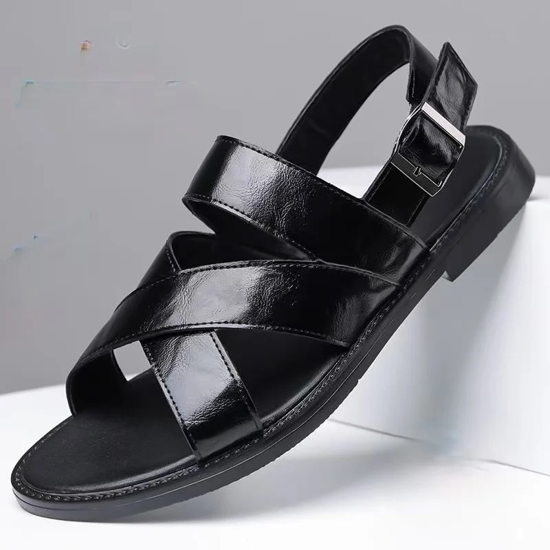Men Summer New Big Size Real Leather Sandals Soft sole Open Toe Hollow Flat Sole Buckle Strap Fashionable Beach Sandals